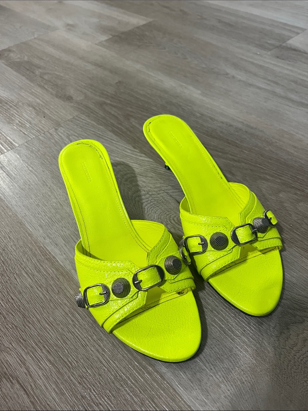 BALENCIAGA Cagole Flou Yellow 50mm Sandal  Kitten Heels - Picture 3 of 11